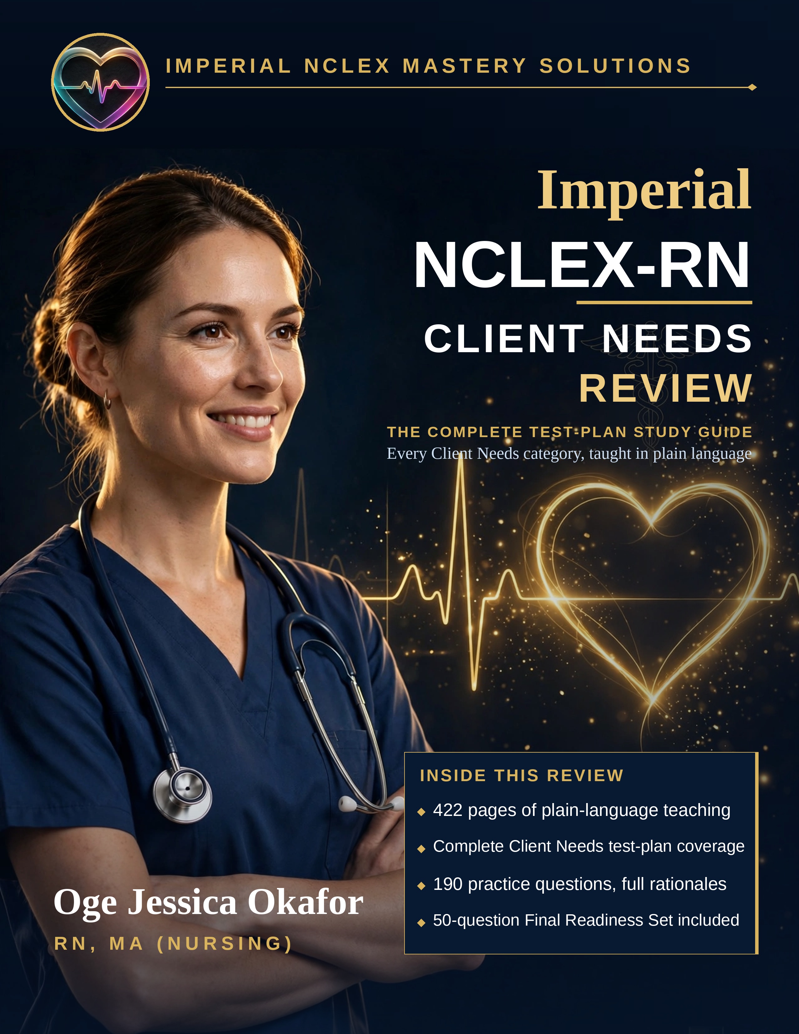 Cover of Imperial NCLEX-RN Client Needs Review — a nurse in navy scrubs on a deep navy and gold cover